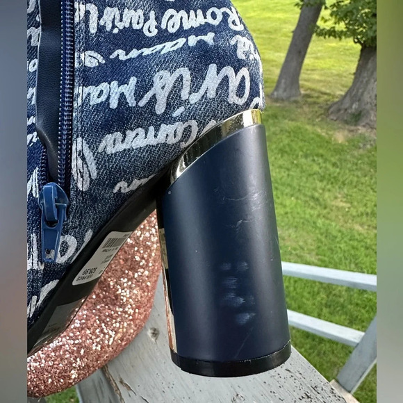 YOKI Willen Rose Gold Glitter Denim Graffiti Cylinder Heel Zip Ankle Boot 7 WILD - Picture 14 of 14